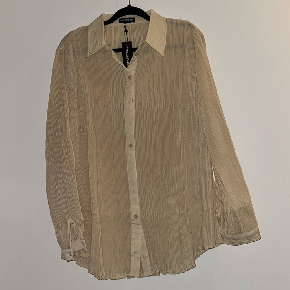 PrettyLittleThing Cream Plisse Button Front Oversized Shirt Large NWT